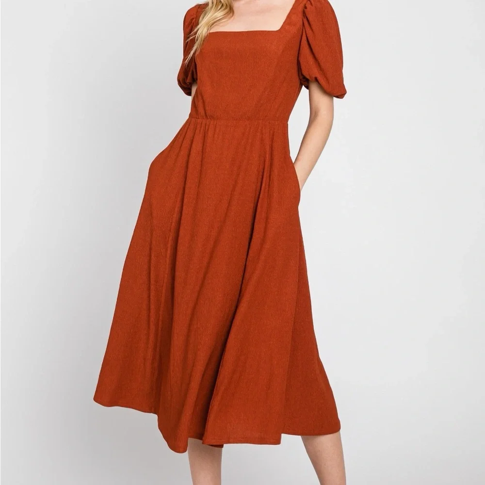Elegant Rust MIdi Dress, Lined. Has pockets. A-line - Picture 5 of 5